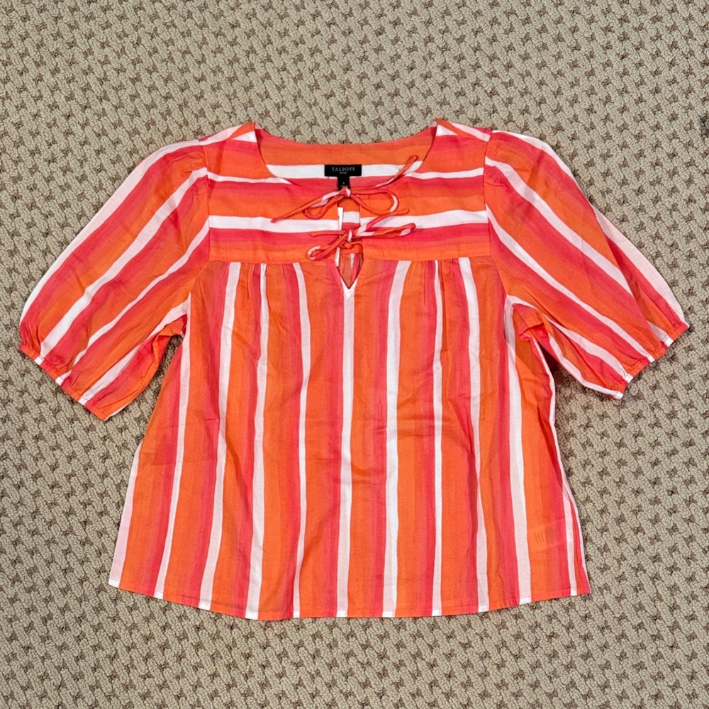 Talbots White, Orange and Pink Striped Blouse with Tie Detail